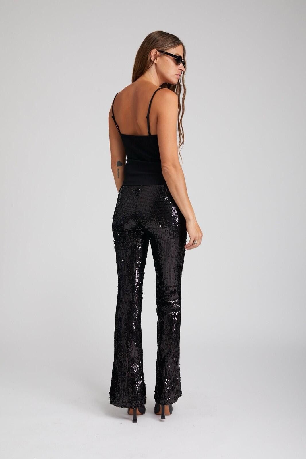 The Unbranded Brand Black Sequin Flare Pants Stretch High Rise Glam Womens Sz L Size 36" / US 14 / IT 50 - 4 Thumbnail