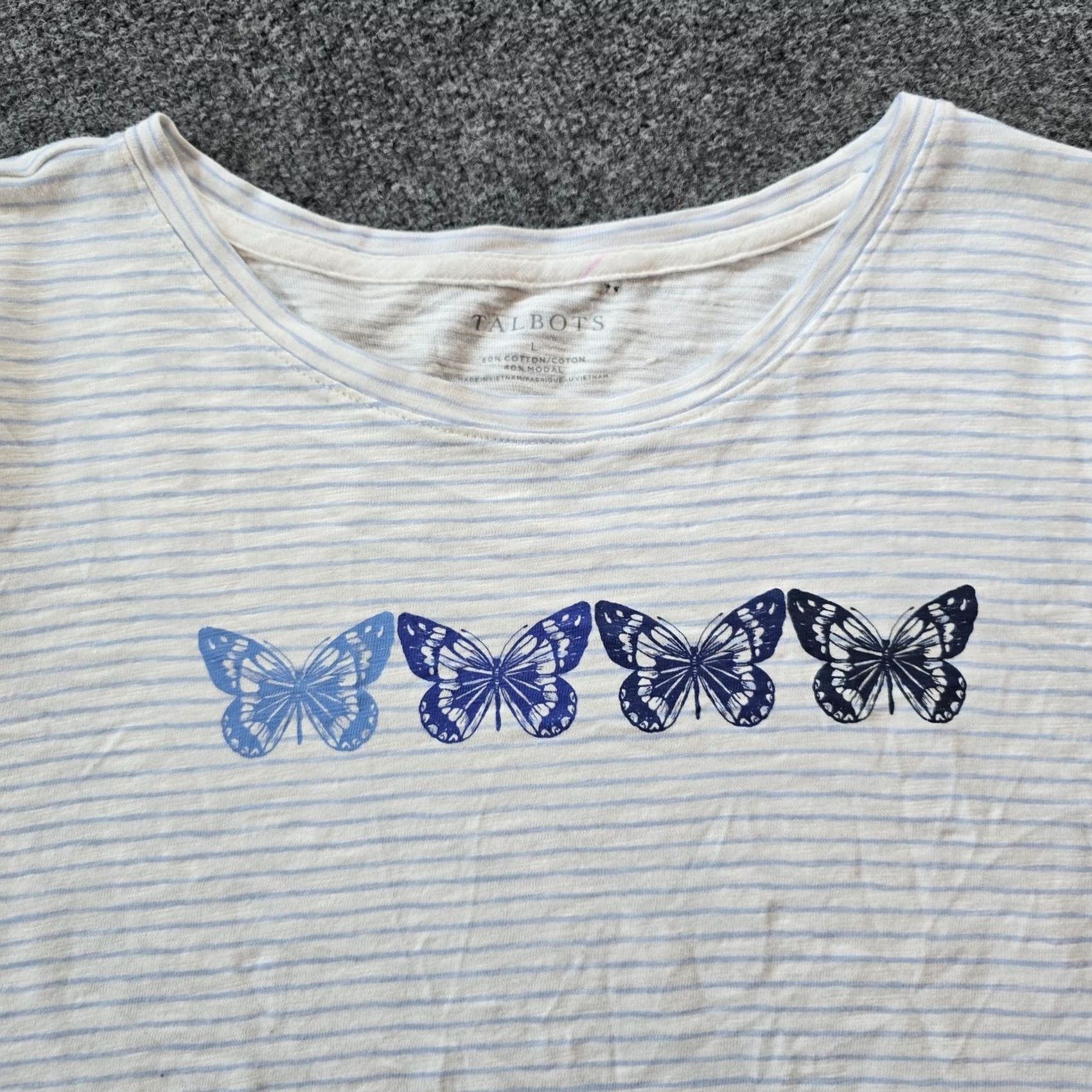 Talbots Talbots Top Shirt Women Large Blue Striped Butterfly 3/4 Sleeve Stretch Casual Size L / US 10 / IT 46 - 2 Thumbnail