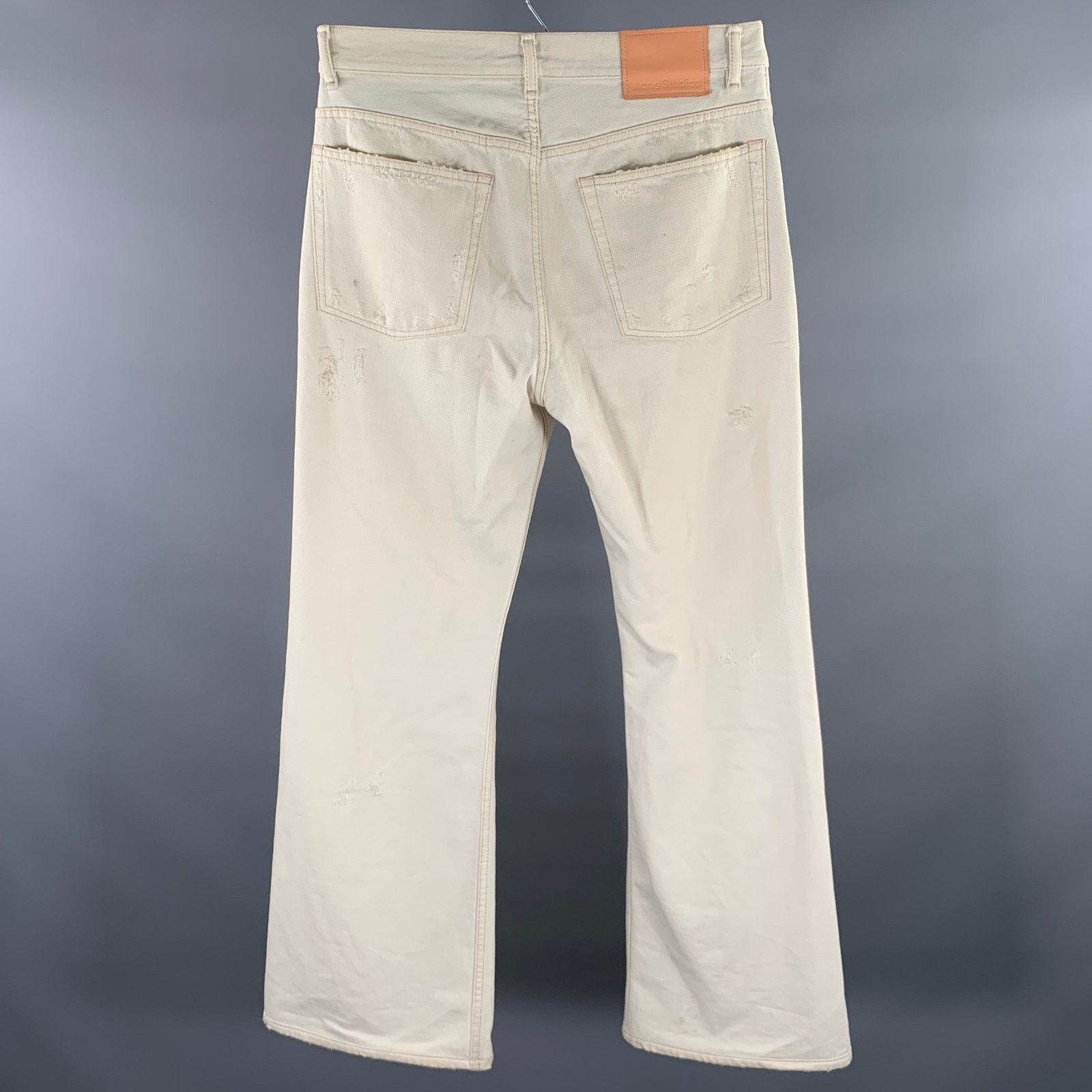Acne Studios ACNE Size 32 Cream Distressed Cotton Flare Cut Jeans Size US 32 / EU 48 - 3 Thumbnail