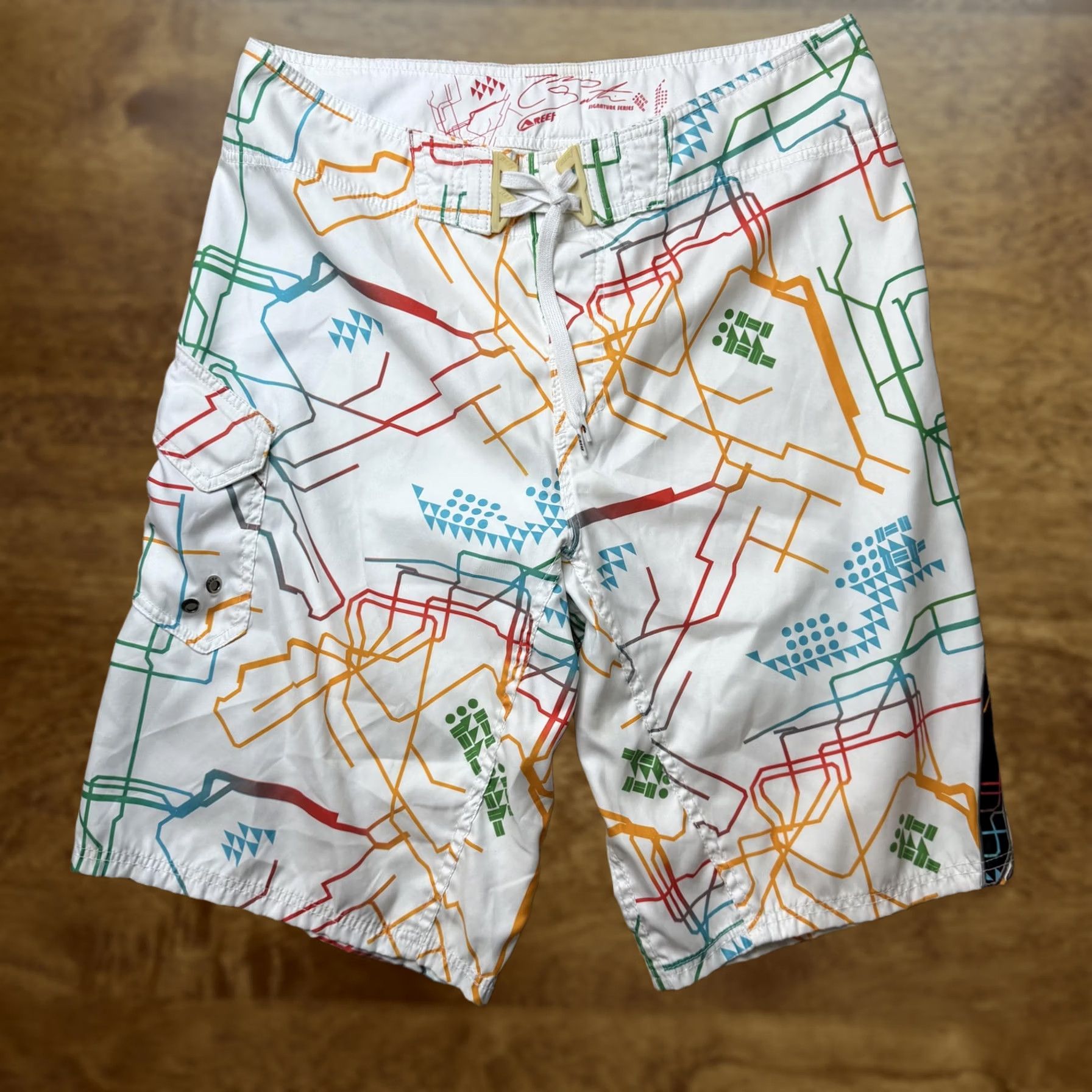 REEF Reef Mens Board Shorts 36 White Multicolor Geometric Surf Beach Quick Dry 100% Polyester Size US 36 / EU 52 - 1 Thumbnail