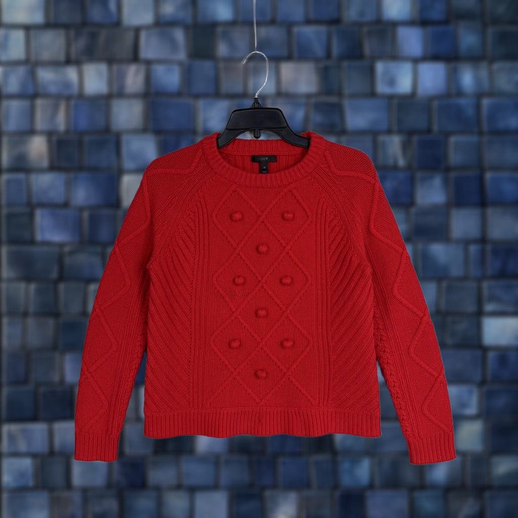 J.Crew J.CREW Sweater Womens XS Red 100% Wool Bobble Cable Knit Chunky Raglan Pullover Size XS / US 0-2 / IT 36-38 - 1 Thumbnail
