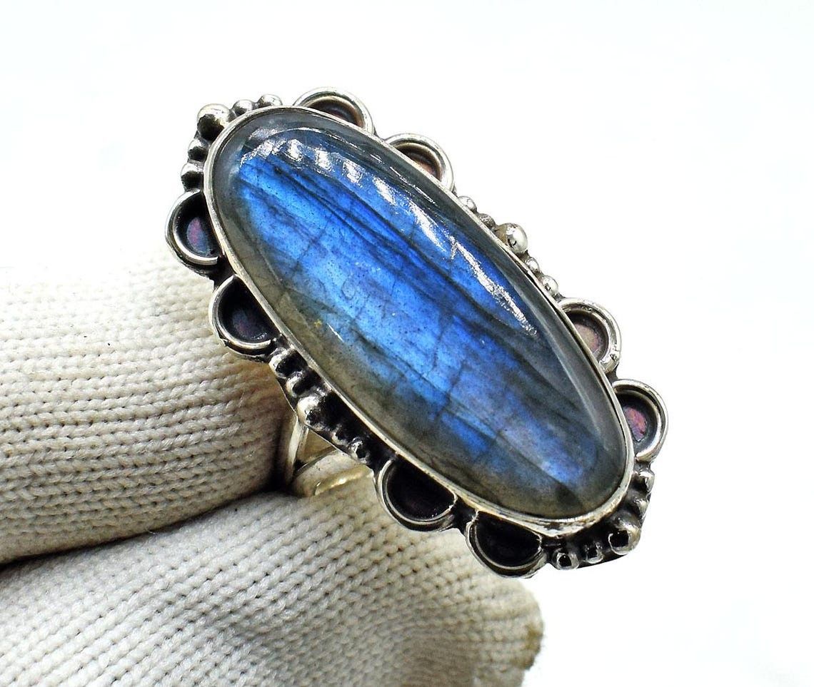 Labradorite 925 Silver Ring Oval Huge Statement Jewelry