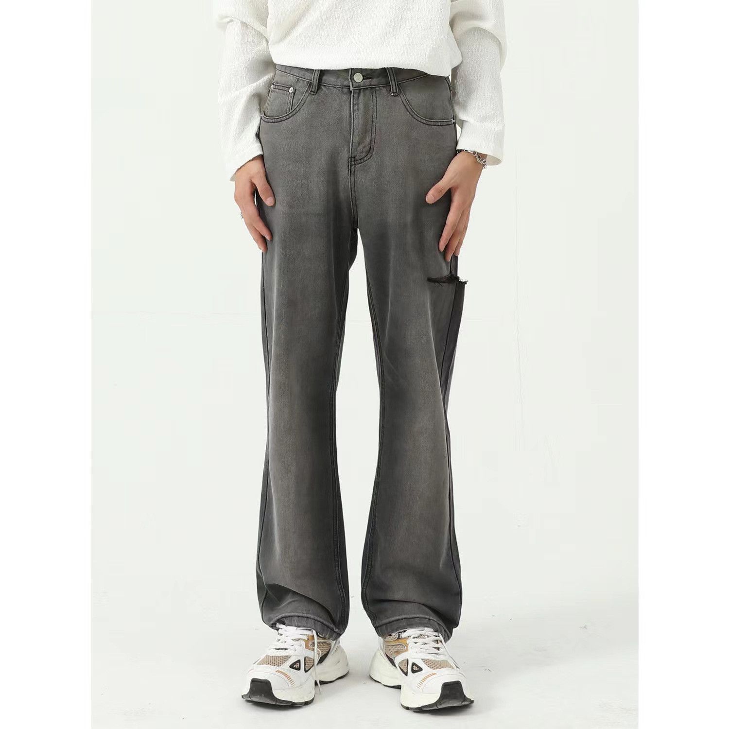 Washed vintage side rips color-blocked baggy jeans