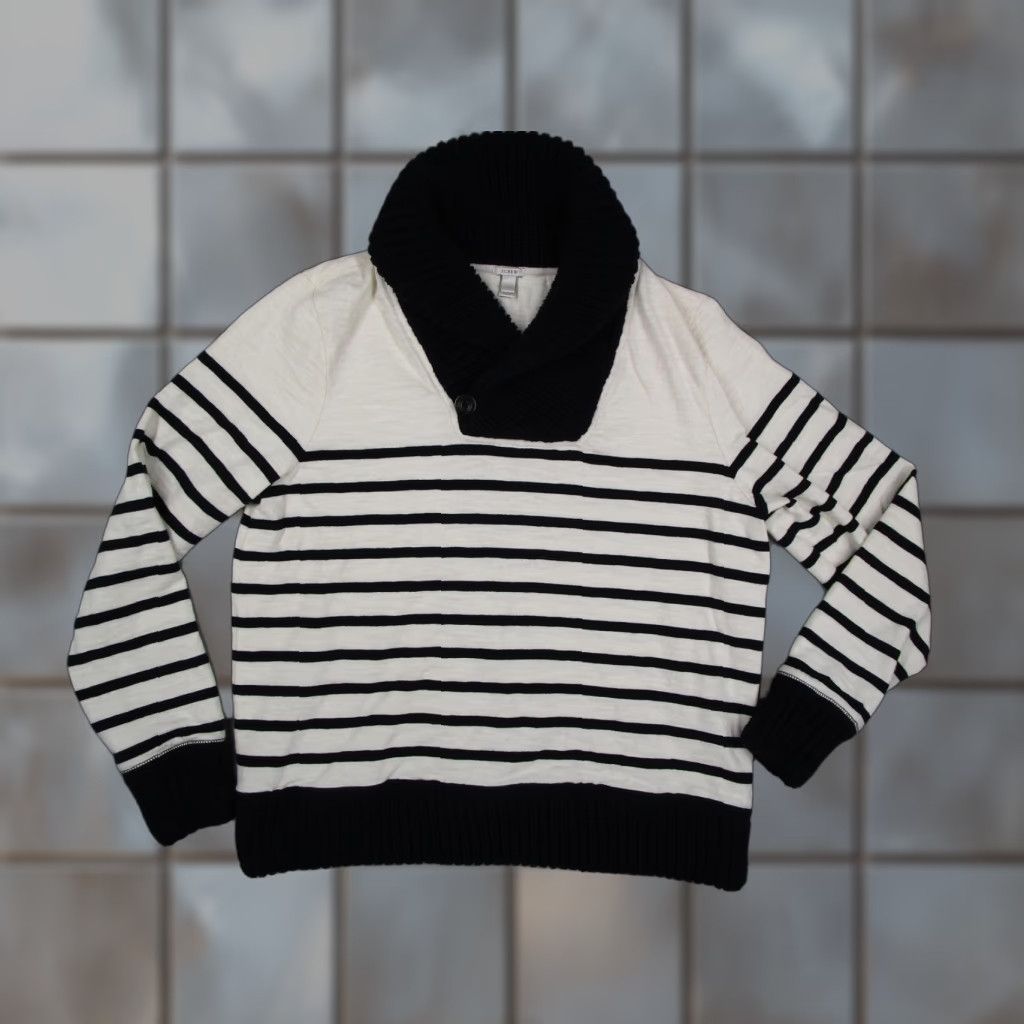 J.Crew VINTAGE? No — ignore. J.CREW Sweater Womens Large Black White Striped Shawl Collar Cotton Pullover Size L / US 10 / IT 46 - 1 Thumbnail