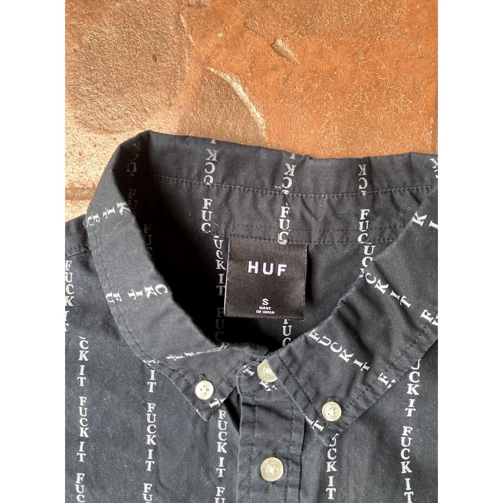 Huf HUF Button Up Shirt Men’s Small Black Grunge Streetwear Short Sleeve Graphic Print Casual Skate Surf FUK IT Mens S Black Size US S / EU 44-46 / 1 - 2 Thumbnail