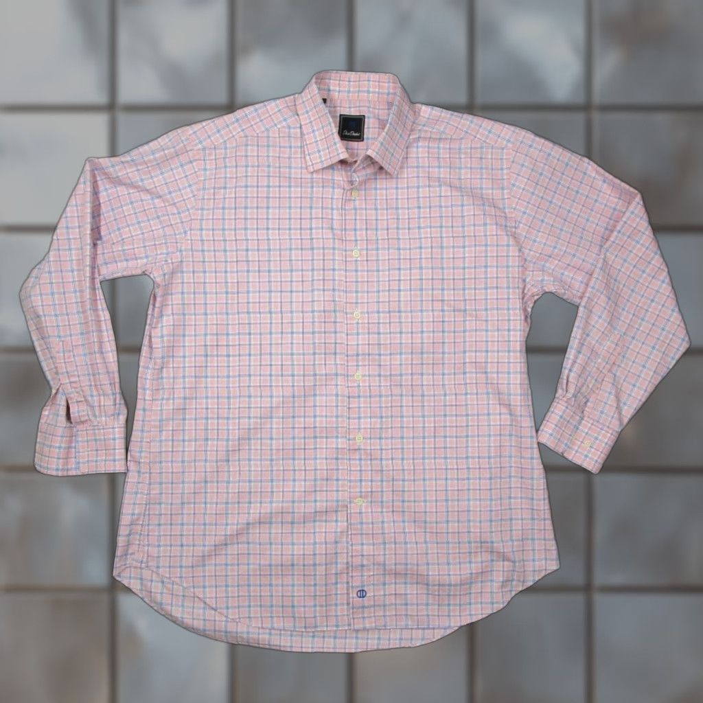 David Donahue VINTAGE David Donahue Dress Shirt Men 17 34 Pink Check Long Sleeve Business Casual Wedding Designer Size 34R - 1 Thumbnail