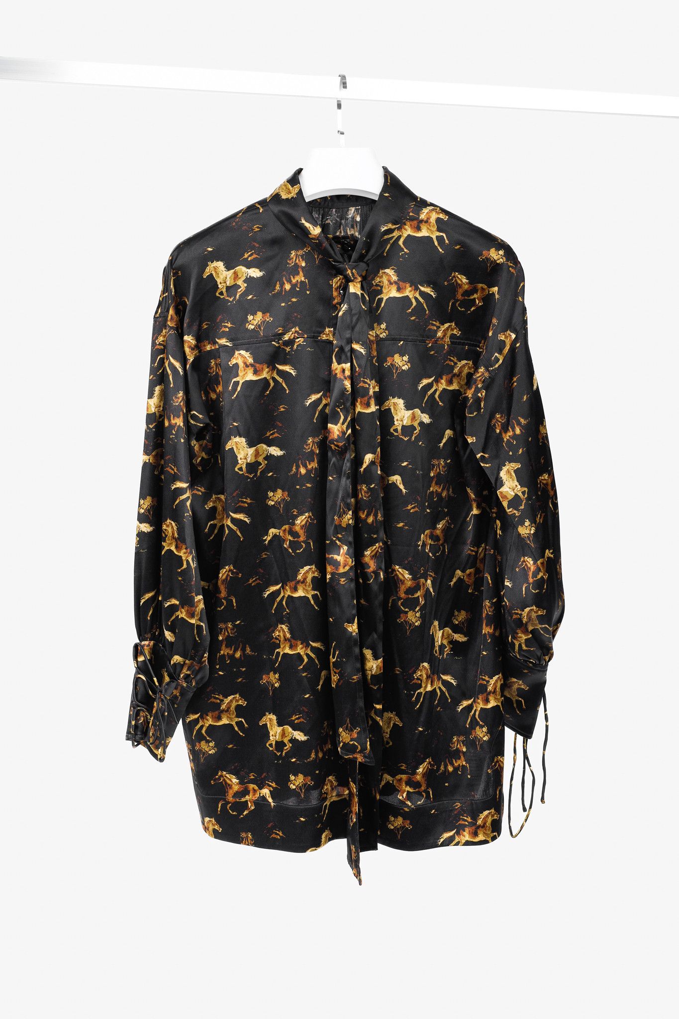 Ganni Ganni Black Silk Satin Horse-Print Tie-Neck Blouse Size XS / US 0-2 / IT 36-38 - 2 Thumbnail