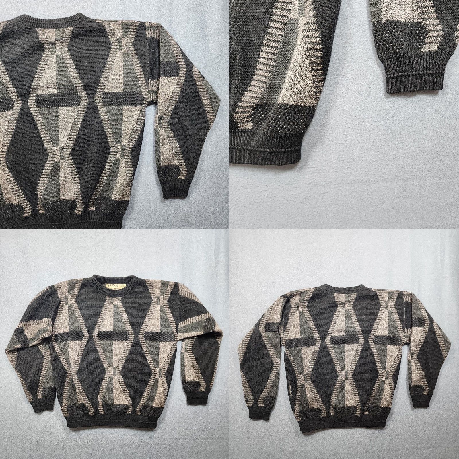 Jantzen VINTAGE PDX Jantzen Sweater Mens Large Acrylic Black Grey 90s Diamond Argyle Crew Neck Pullover Knit Long Sleeve Mens Woolless Size US L / EU 52-54 / 3 - 9 Thumbnail