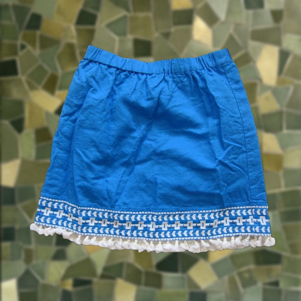 J.Crew VINTAGE J.Crew 100% Cotton Blue White Embroidered Fringe Lined Peasant Mini Skirt XS Size 26" / US 2 / IT 38 - 1 Thumbnail