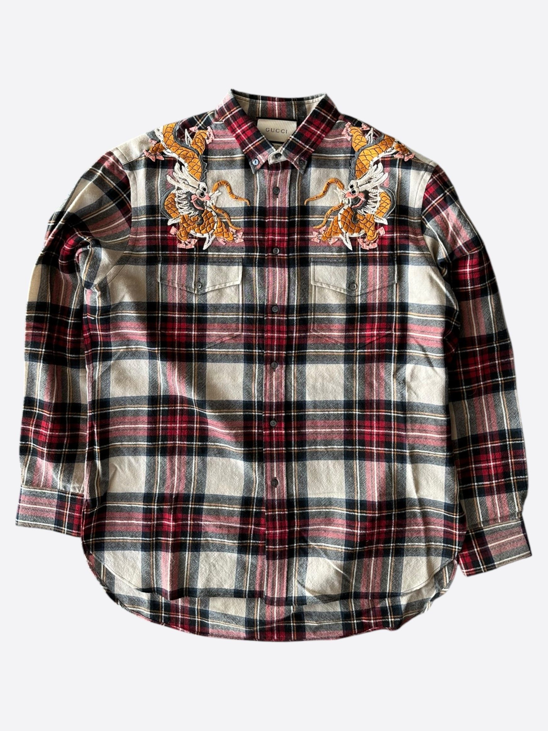 Gucci Gucci Beige & Red Plaid Dragon Embroidered Flannel Shirt Size US XL / EU 56 / 4 - 1 Thumbnail