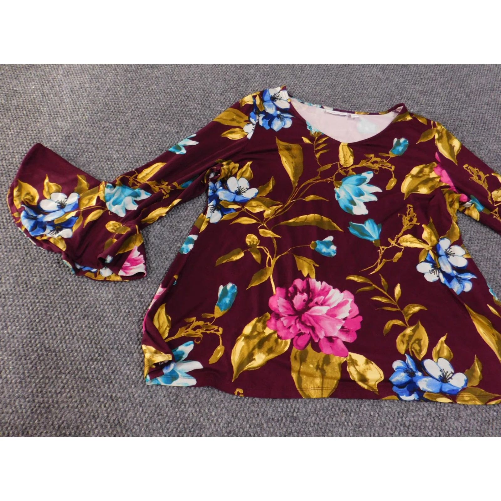 Vintage Susan Graver Shirt Womens XL Burgundy Floral Bell Sleeve Stretch Top Blouse Boho Size XL / US 12-14 / IT 48-50 - 5 Thumbnail