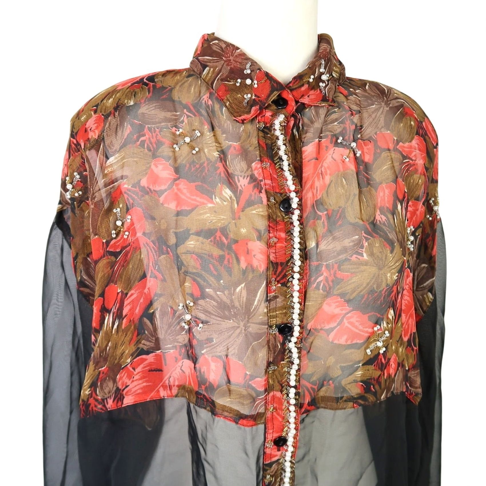 Vintage VINTAGE Leena Studio Sheer Black Red Floral Bead Button-Down Top L Womens Size L / US 10 / IT 46 - 2 Thumbnail