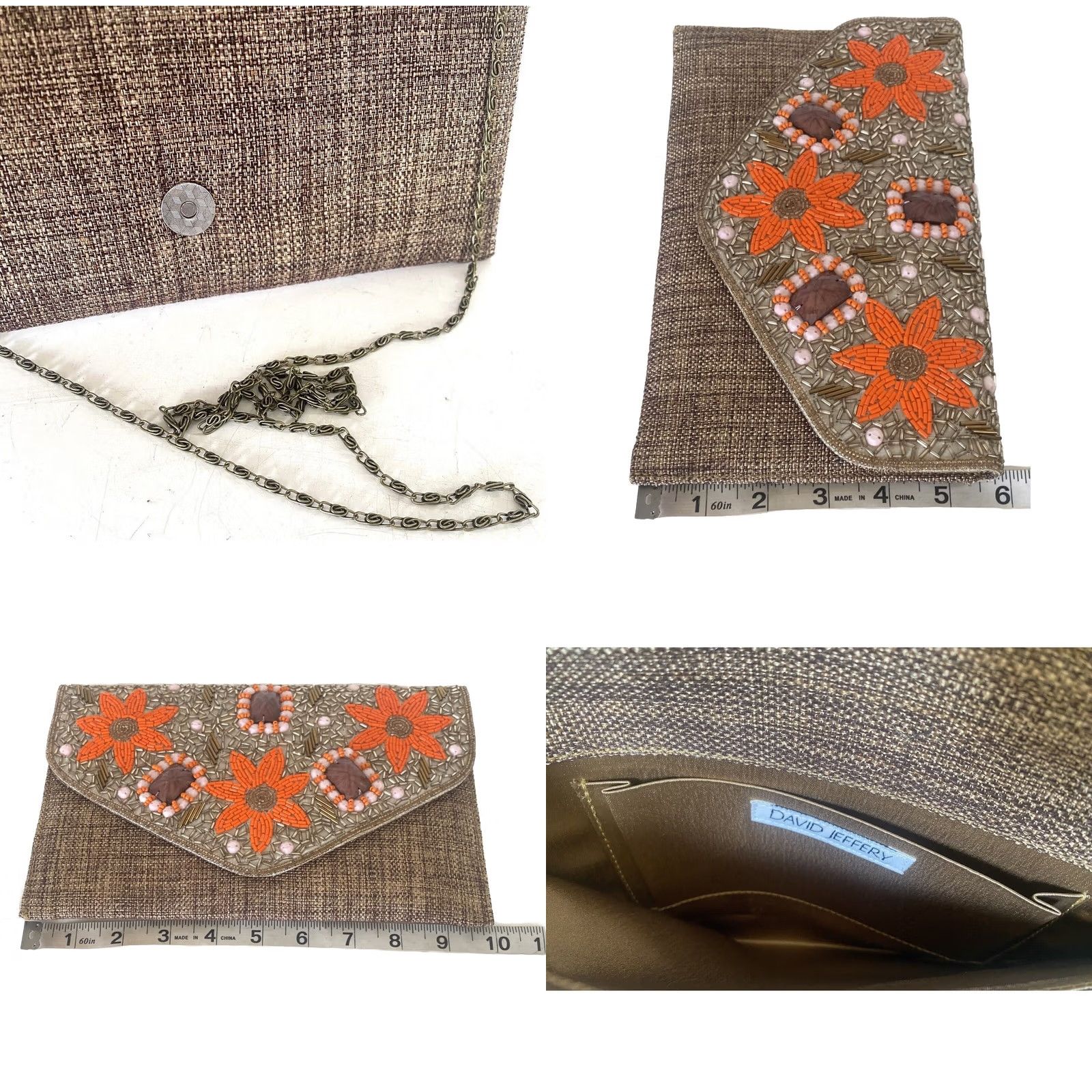Vintage David Jeffrey Beaded Clutch Purse w/Shoulder Strap Tan Brown Orange Flowers Size ONE SIZE - 8 Thumbnail
