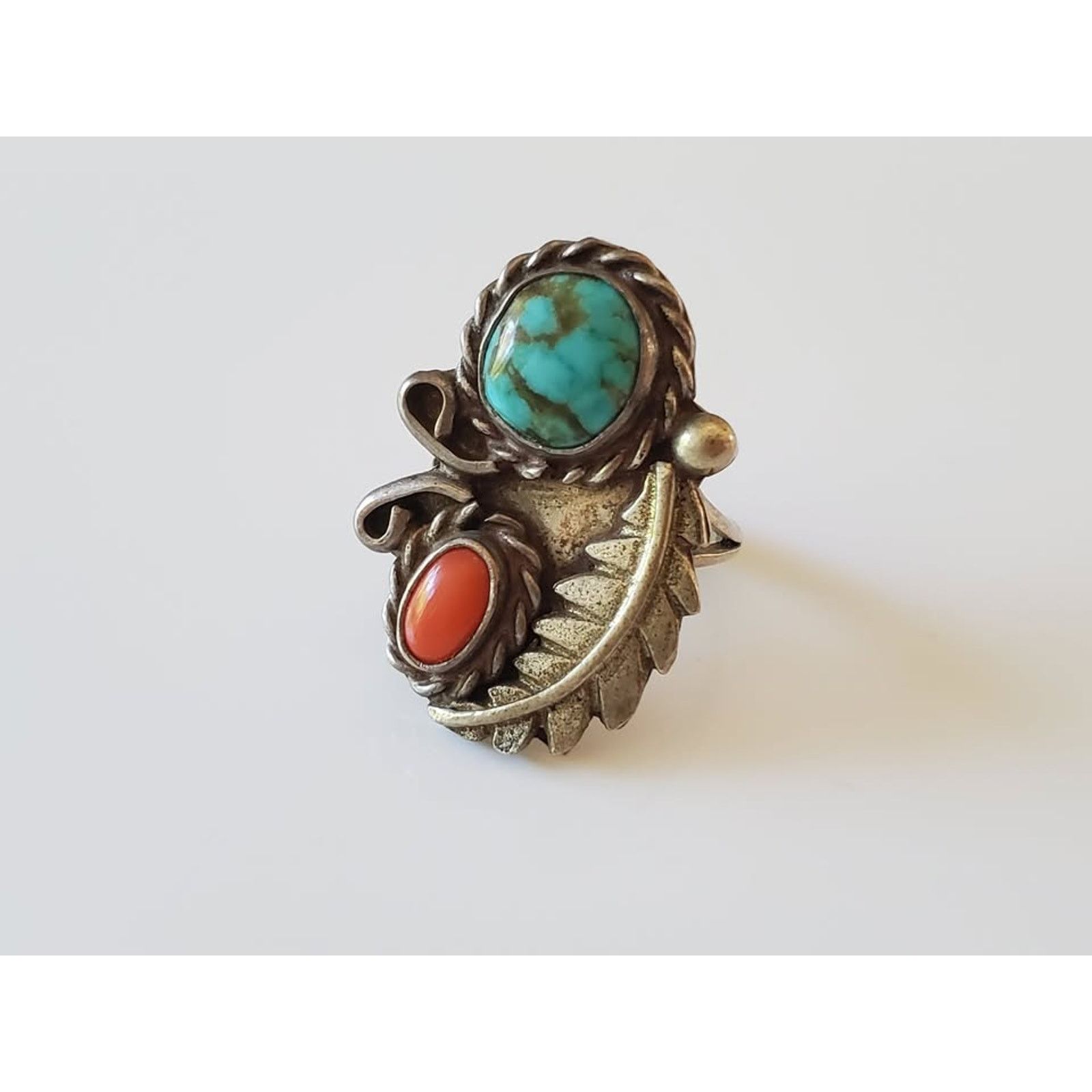 Other Vintage Turquoise and Coral Navajo Sterling Silver Ring Size ONE SIZE - 2 Thumbnail