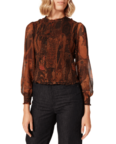 Desigual BLUS HISOPO L Brown Honeycomb Print Blouse 88934 Size L / US 10 / IT 46 - 2 Thumbnail