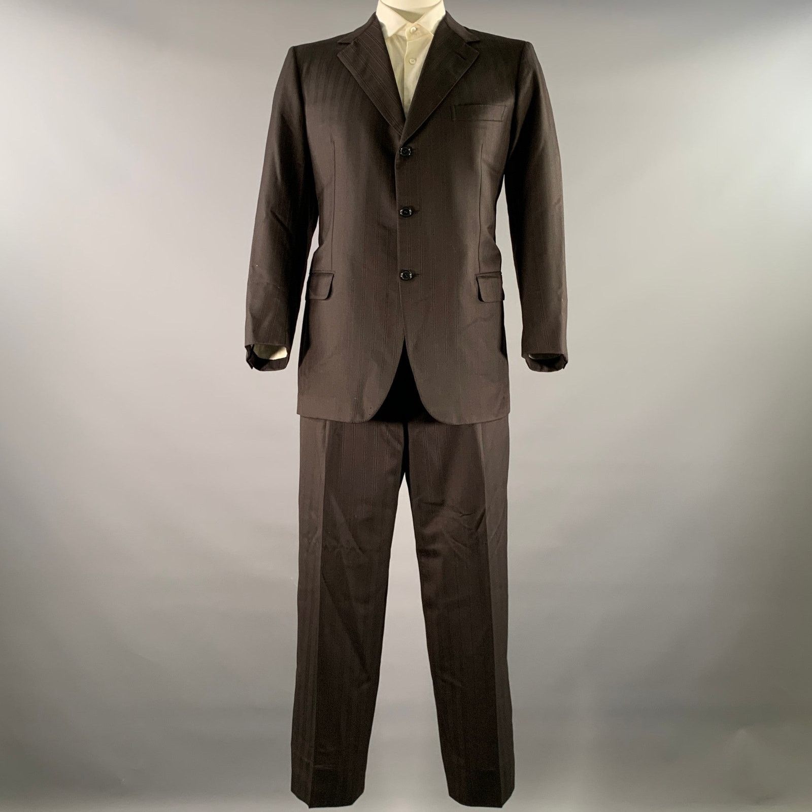 Brioni BRIONI 48R Black Brown Stripe Wool Blend Notch Lapel Suit Size 48R - 2 Thumbnail