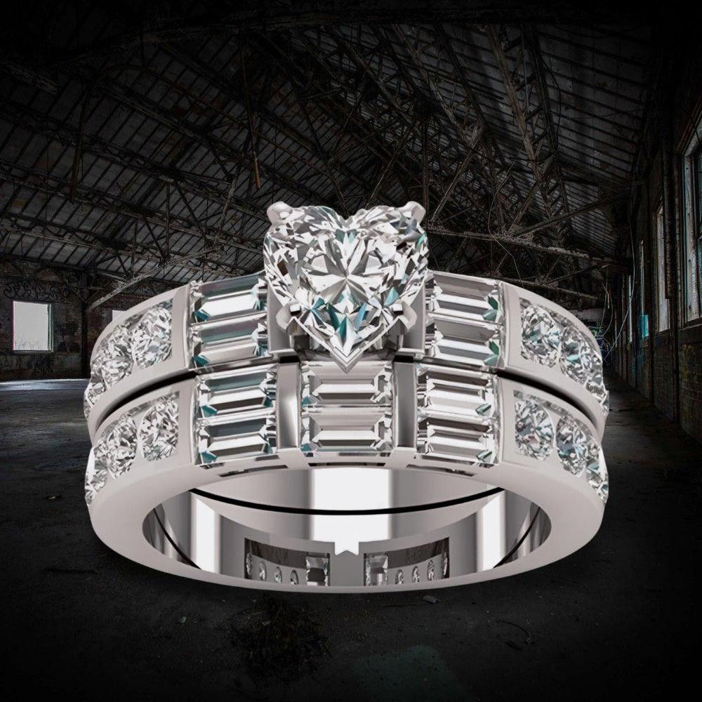 Designer 2pcs Heart Shaped Silver Engagement Ring Set - Size 5 Size ONE SIZE - 1 Thumbnail