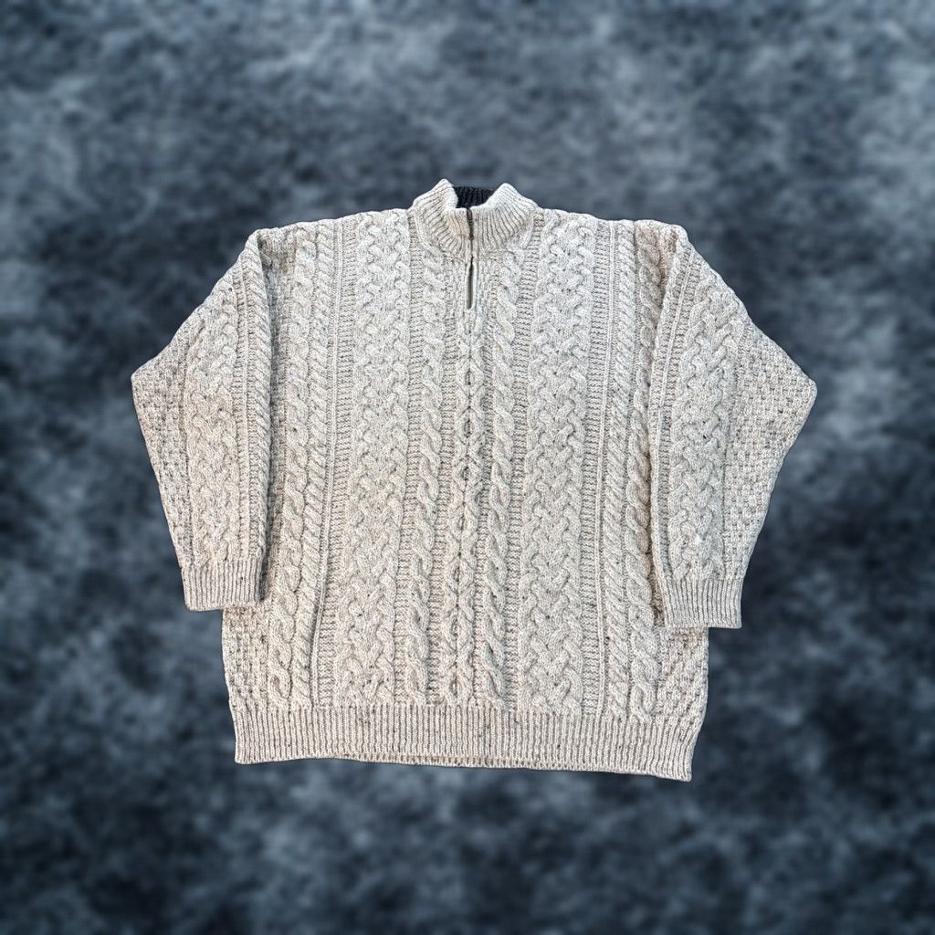 Vintage Aran Isles Sweater Mens XL Ivory Wool Mock Neck Pullover Knit Size US XL / EU 56 / 4 - 1 Thumbnail