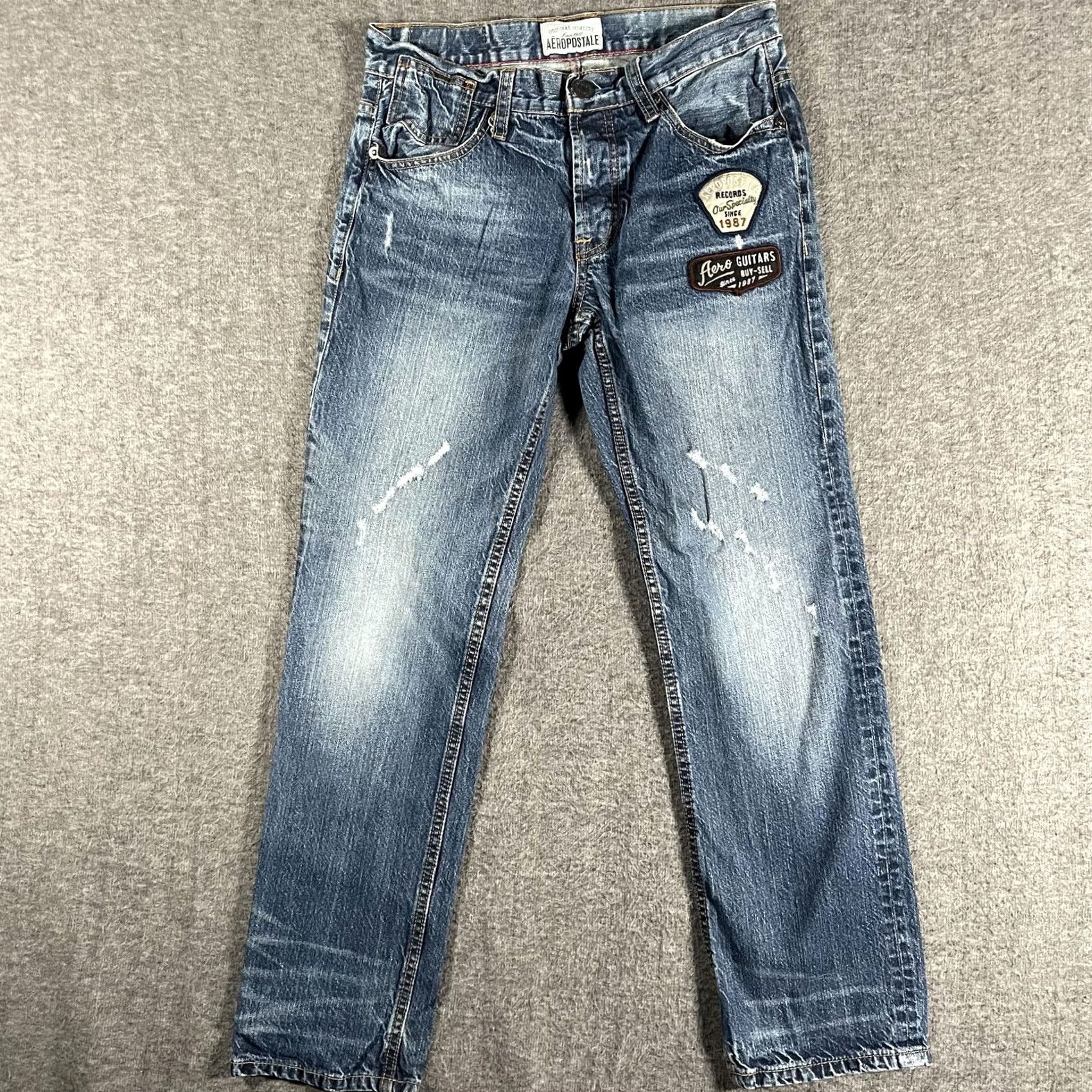 Vintage Aéropostale Essex Jeans Mens 29x30 Blue Denim Distressed Music Patch Straight Leg Casual Rock Mens Size US 29 - 3 Thumbnail