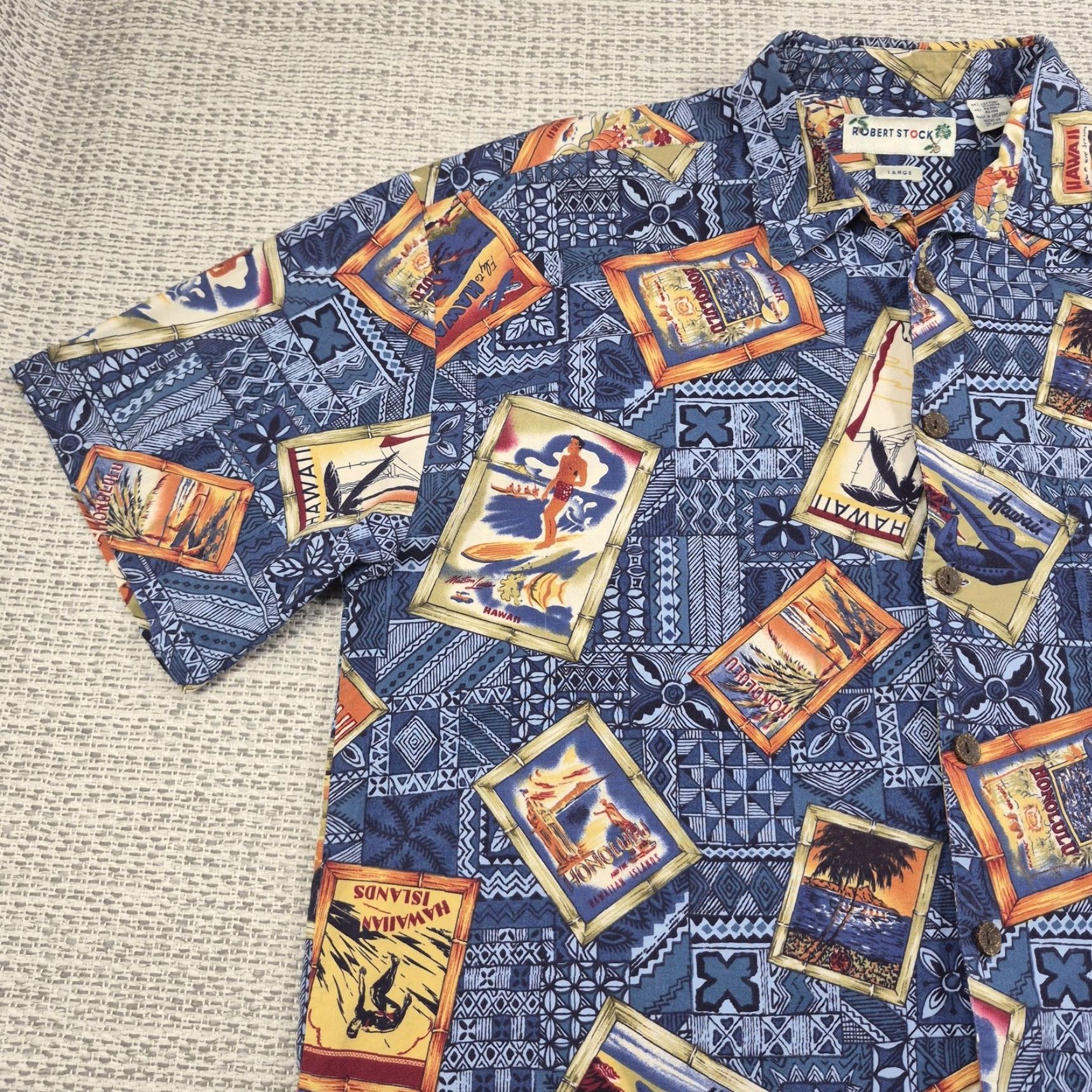 Vintage Robert Stock Shirt Mens Large Button-Up Blue Hawaiian Travel Postcard Aloha Shirt Size US L / EU 52-54 / 3 - 5 Thumbnail