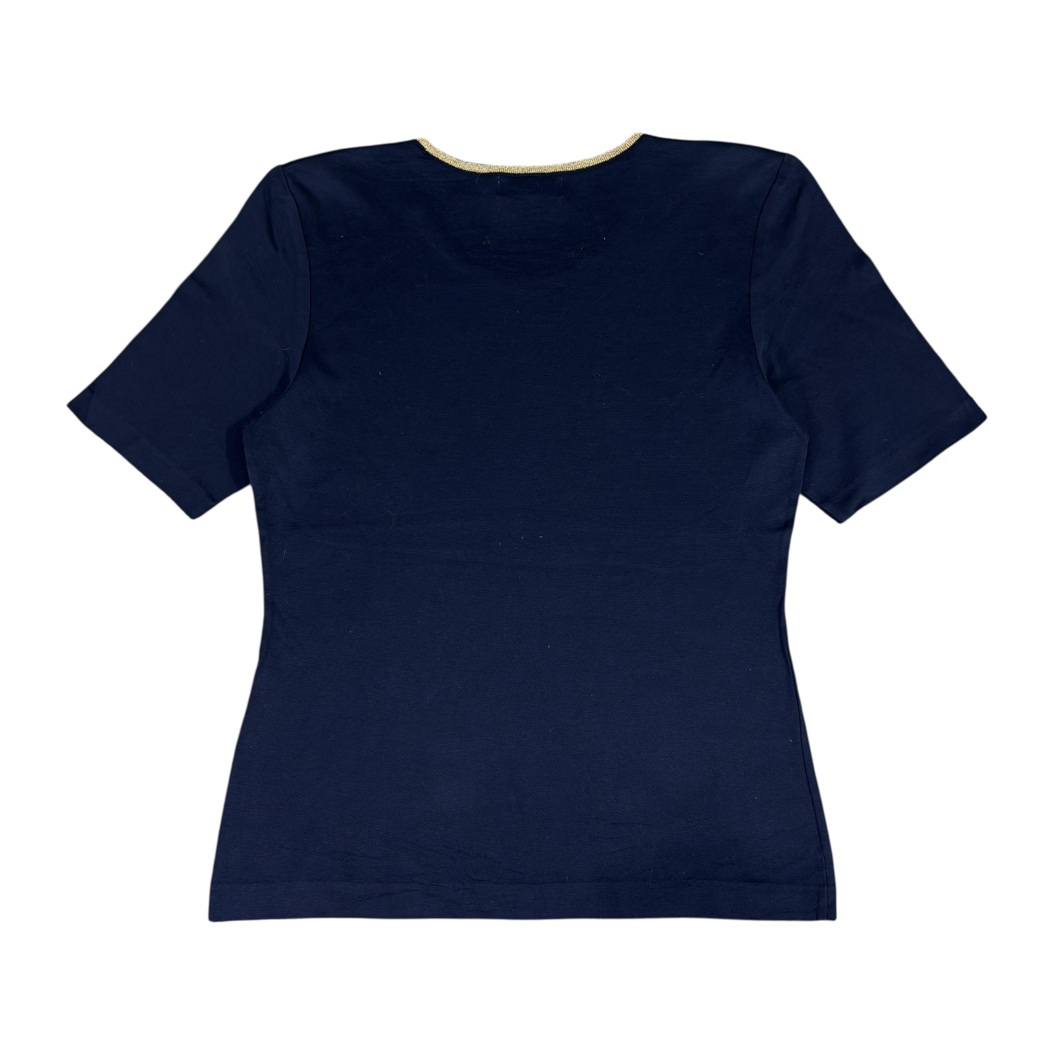 Yves Saint Laurent Y2K Vintage Ysl Navy Gold Tshirt Metallic Logo Designer Tee Size L / US 10 / IT 46 - 2 Thumbnail