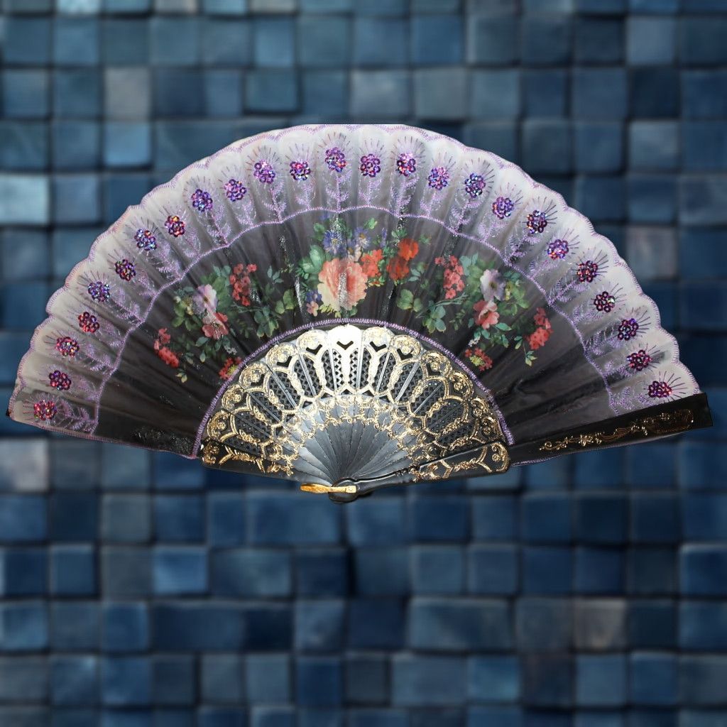 Vintage SMALL HAND FAN with Flowers and Sequin Embellishments - 16 Inch Wide - Unbranded Size ONE SIZE - 1 Thumbnail