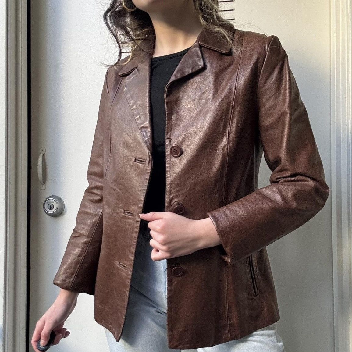 Firenze TRU VTG 90s BROWN LUXE LEATHER COAT Size S / US 4 / IT 40 - 1 Thumbnail