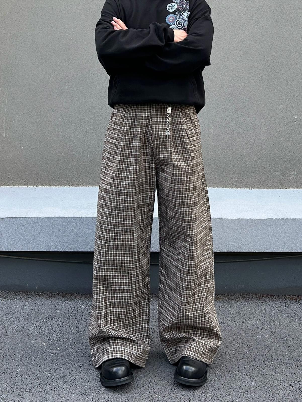 Vintage Brown Plaid Wide Leg Casual Pants, Loose Fit Trousers Size US 30 / EU 46 - 5 Thumbnail
