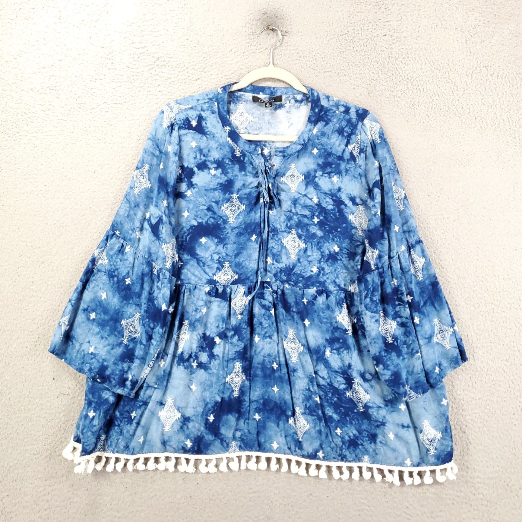 Vintage Calessa Tunic Womens XL Blue White Tie Dye Geometric Tasseled Boho Blouse Size XL / US 12-14 / IT 48-50 - 2 Thumbnail