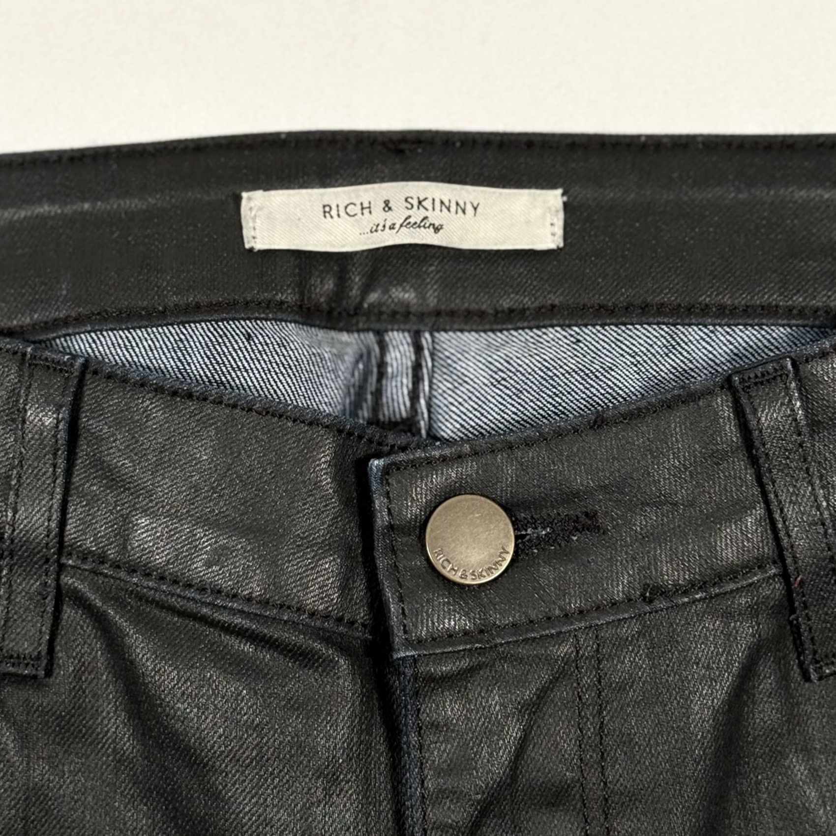 Denime Rich & Skinny Jeans 30 Black Coated Skinny Moto Stretch Denim Biker Goth USA Womens Size 30" / US 8 / IT 44 - 6 Thumbnail