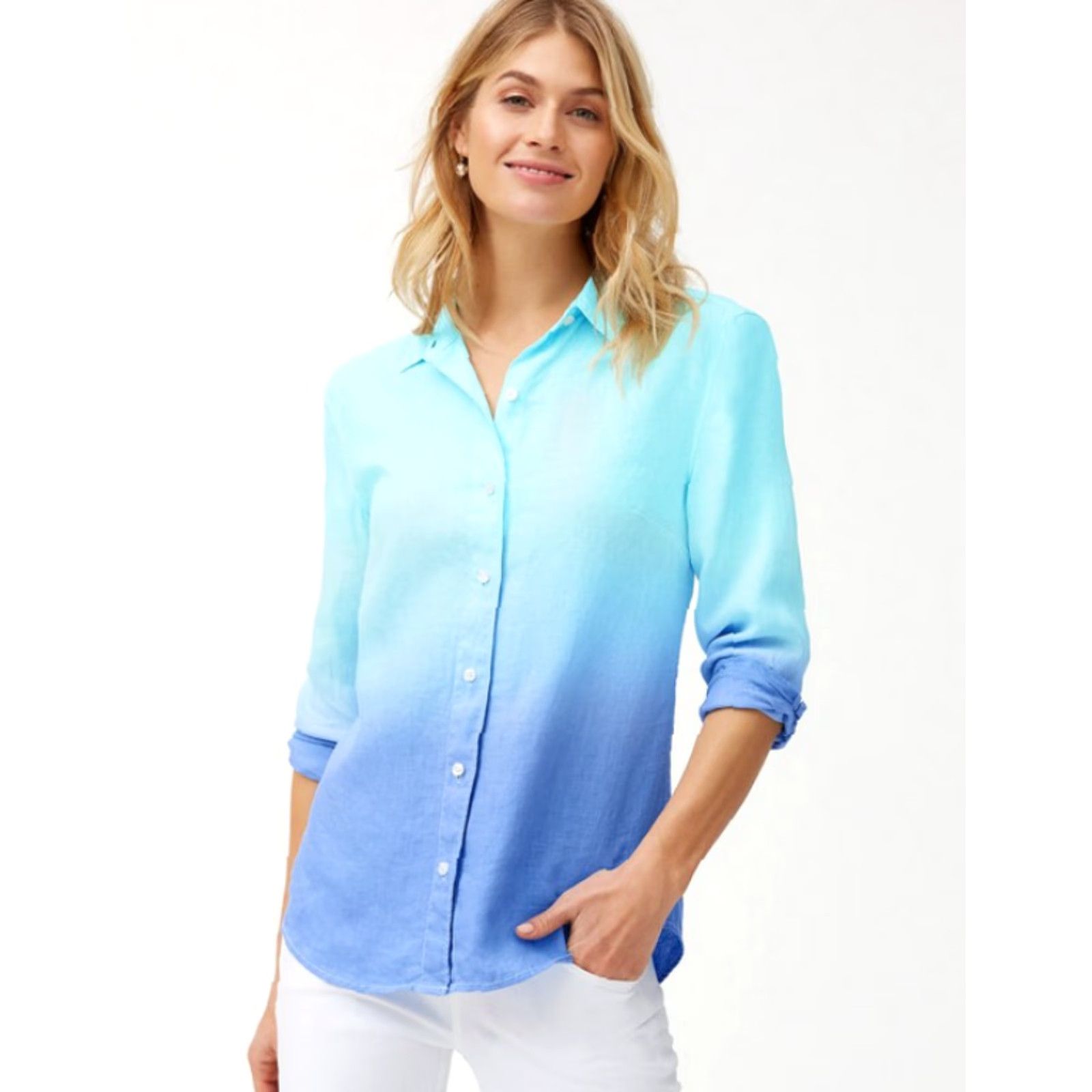 Tommy Bahama Tommy Bahama Shirt Womens Medium Blue Beachy 100% Linen Ombre Two Palms Dip-Dye Long Sleeve Collared Button Blouse Leather? Size M / US 6-8 / IT 42-44 - 2 Thumbnail