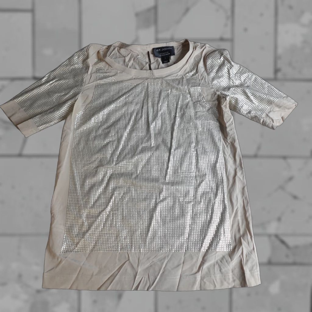 St. John St.John Womens Blouse 2 Beige Silk Blend Short Sleeve Pullover Top Shirt Basic Casual Party/Cocktail Mens? Size XS / US 0-2 / IT 36-38 - 1 Thumbnail