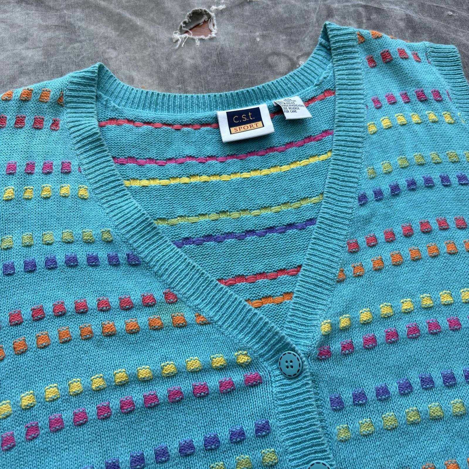 Vintage Vintage 90s Turquoise Embroidered Dots Sweater Cardigan Vest Size XXL / US 16-18 / IT 52-54 - 2 Thumbnail