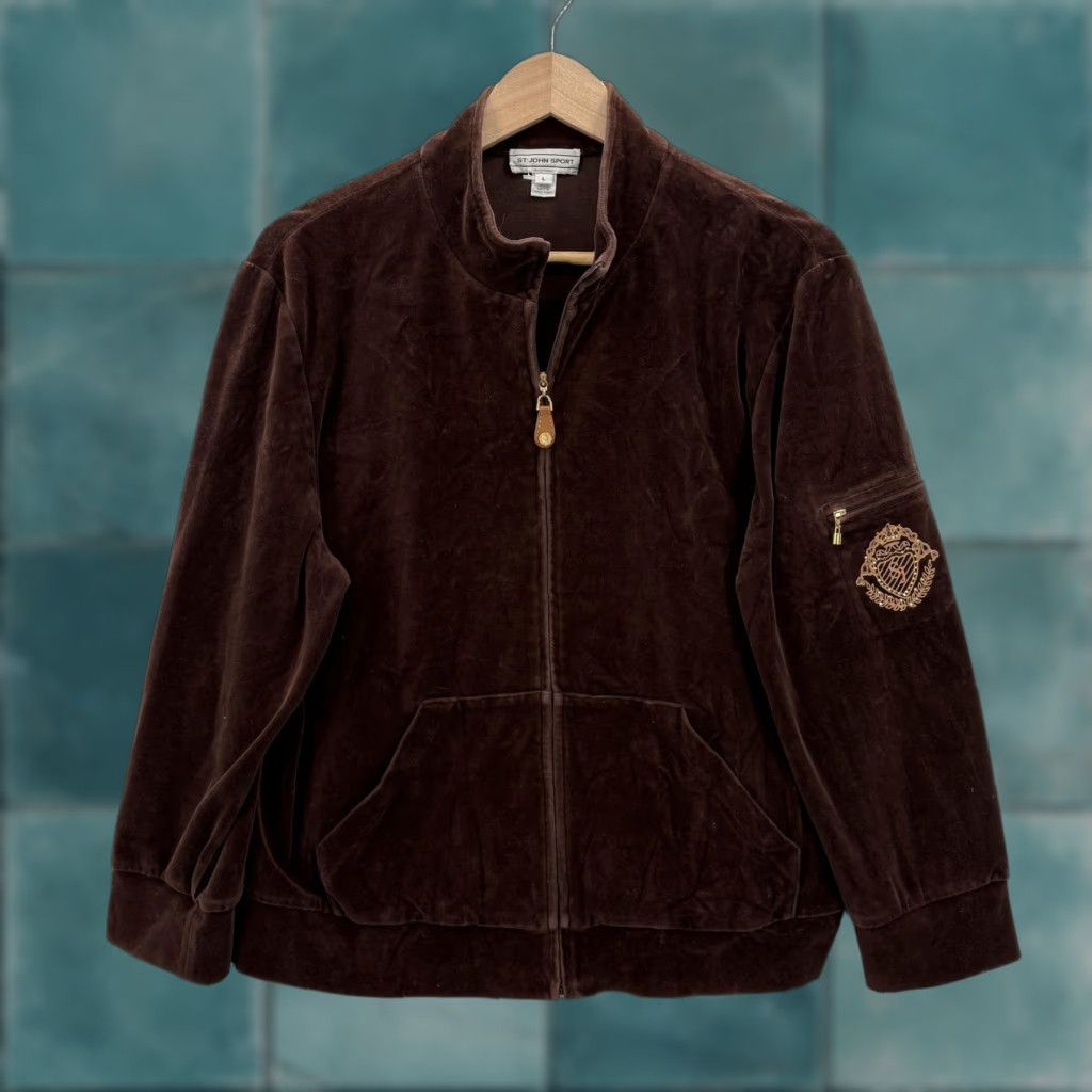 St. John St. John Sport Jacket Womens L Brown Velour Full Zip Embroidered Crest Logo Pockets Zip Collar Casual Size L / US 10 / IT 46 - 1 Thumbnail