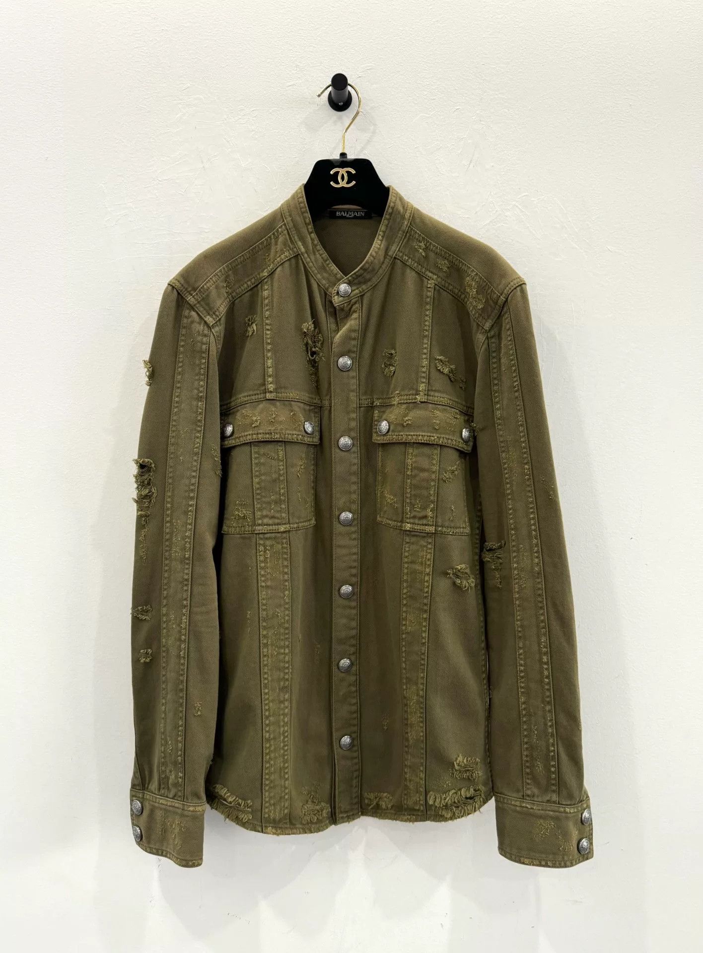Balmain Distressed Military Green Jacket