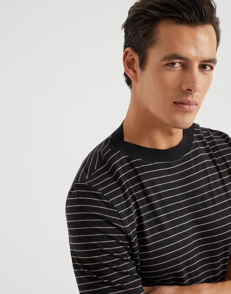 Brunello Cucinelli o1la1rc1a0426 Striped Linen Stretch Boat Neck T-Shirt Size US L / EU 52-54 / 3 - 3 Thumbnail