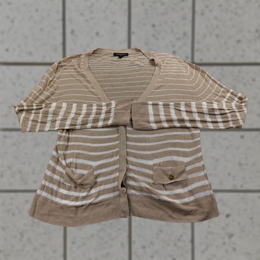 Banana Republic Banana Republic Cardigan Sweater Womens L Beige White Stripe Linen Lightweight V-Neck Long Sleeve Pockets Knit Size L / US 10 / IT 46 - 1 Thumbnail