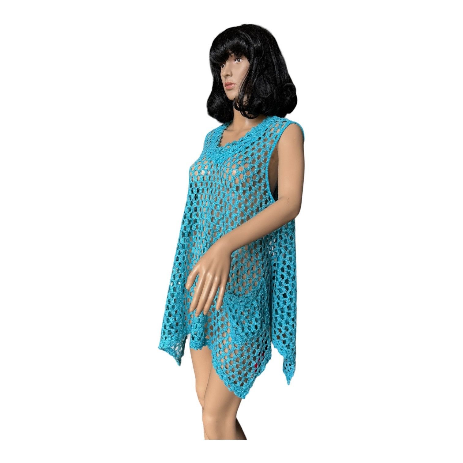 Other Kaktus Tunic Open Weave Crochet Lagenlook Boho blue large Size L / US 10 / IT 46 - 8 Thumbnail