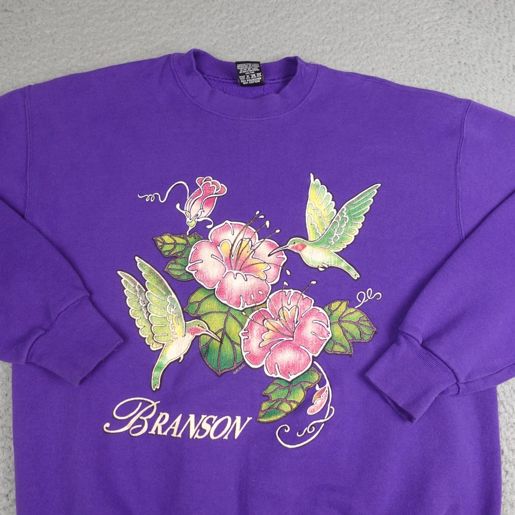 Vintage VINTAGE H.L. Miller Gold Sweatshirt Mens L Purple Branson Hummingbird Floral Graphic Print Crew Neck Pullover Size US L / EU 52-54 / 3 - 4 Thumbnail