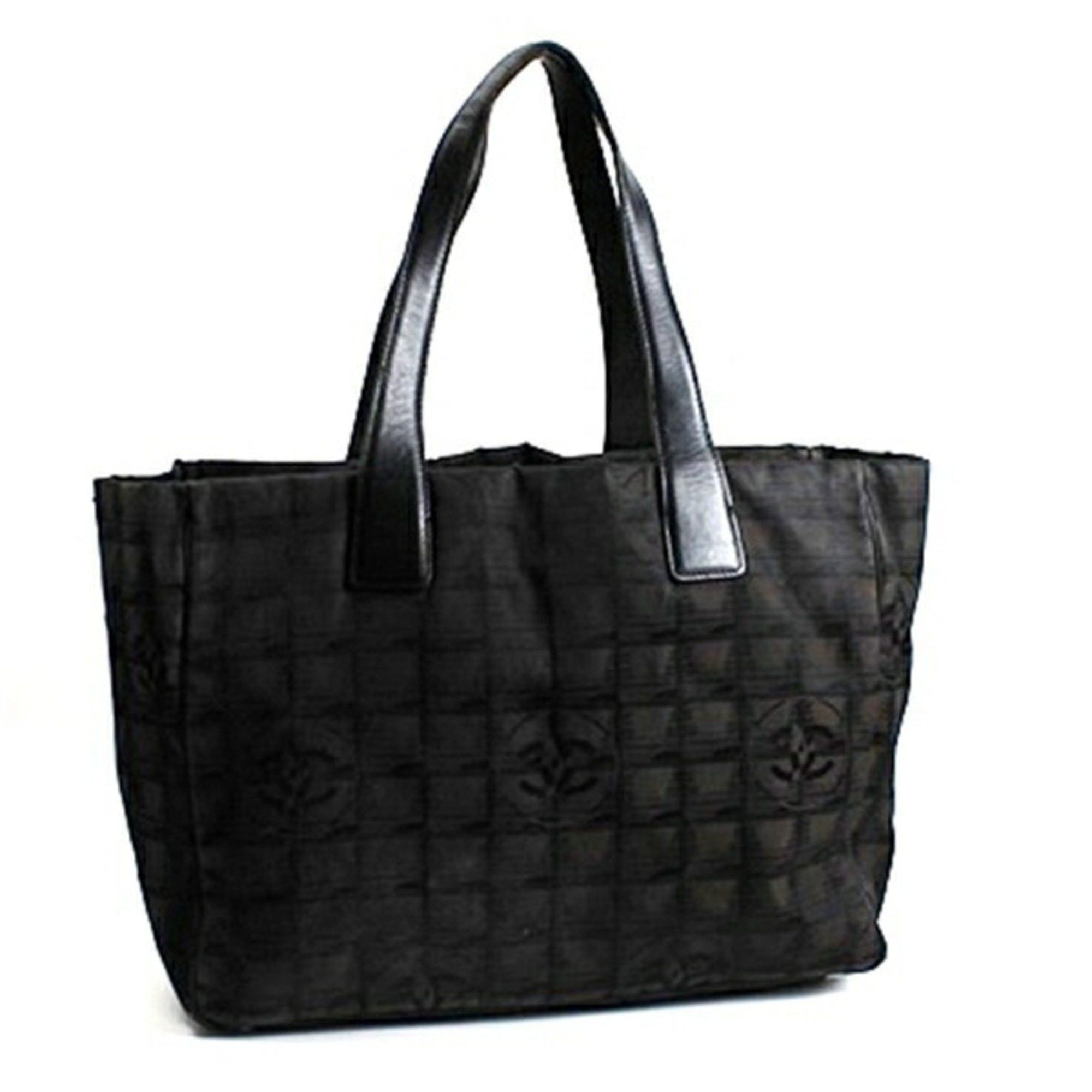 Chanel New Travel Line Tote Bag Shoulder Nylon X Leather Dark Brown Chanel Women's in Black