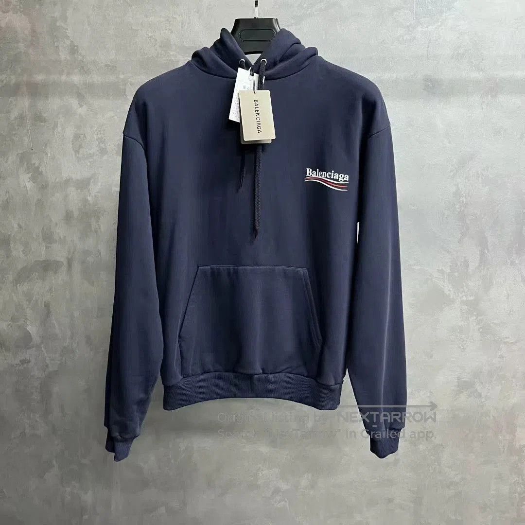 balenciaga navy logo hooded sweatshirt.