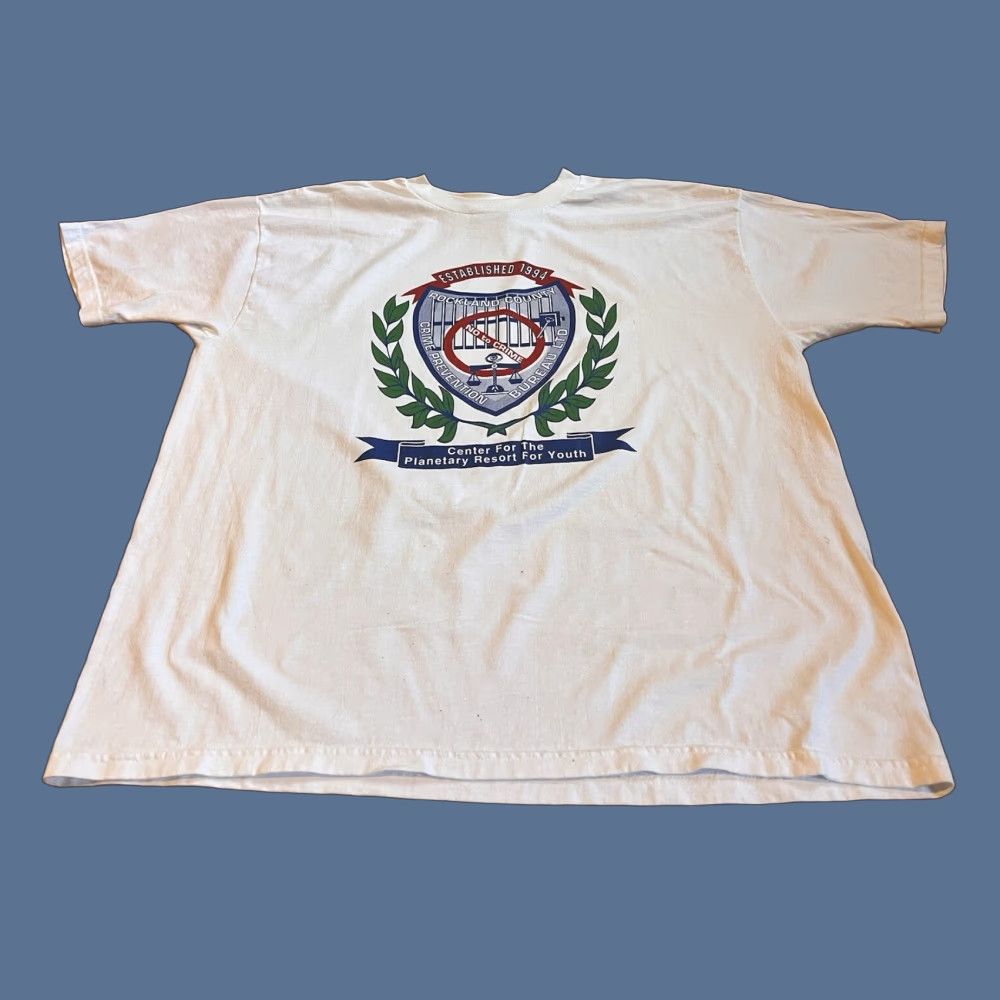 Jerzees VINTAGE Rockland County Crime Prevention Bureau Shirt Men’s XL White Jerzees T-Shirt Short Sleeve Police 90s Retro Graphic Print Mens Size US XL / EU 56 / 4 - 1 Thumbnail