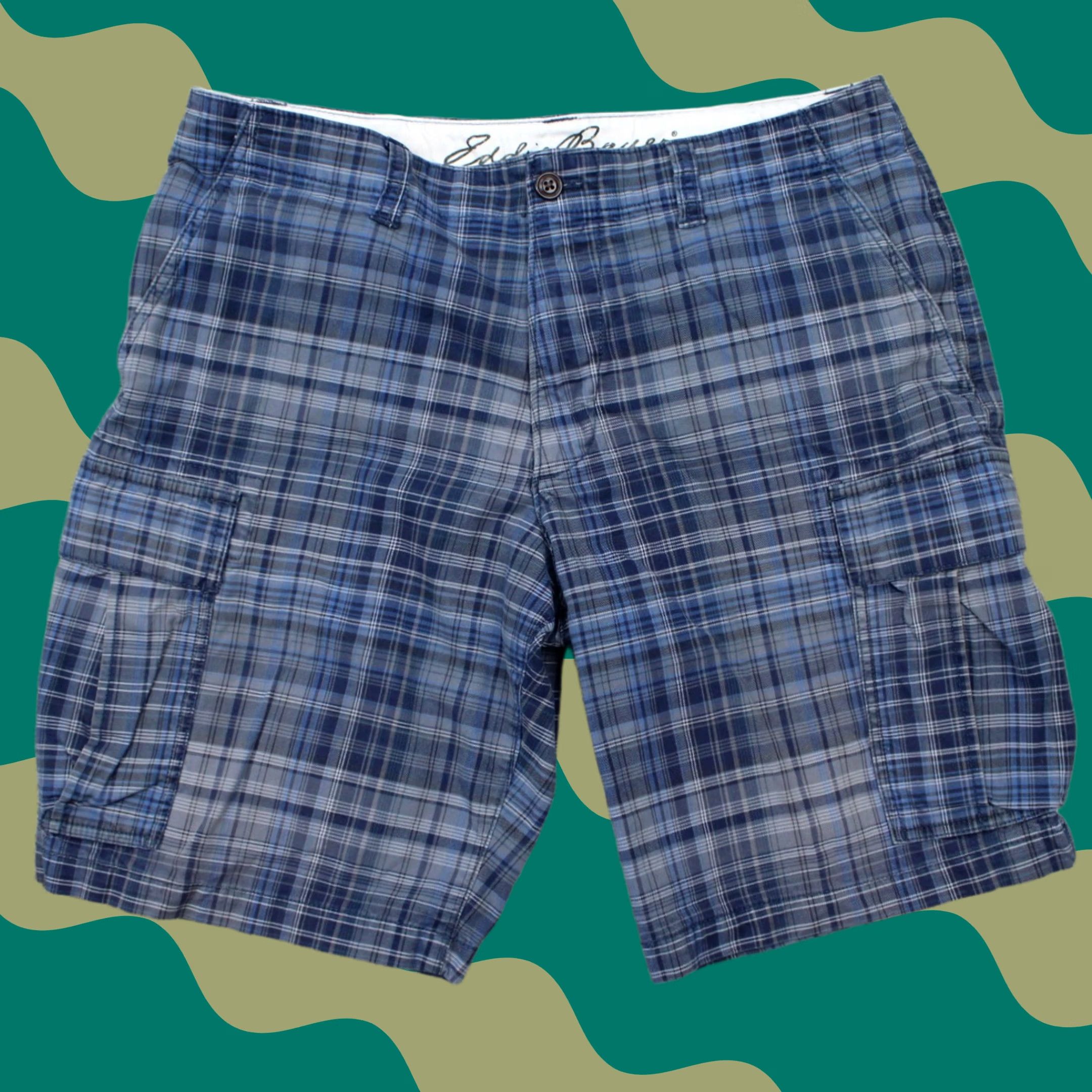 Eddie Bauer Eddie Bauer Shorts Mens 34 Blue Plaid Cargo Pocket Flat Front Chino 10" Inseam Size US 34 / EU 50 - 1 Thumbnail