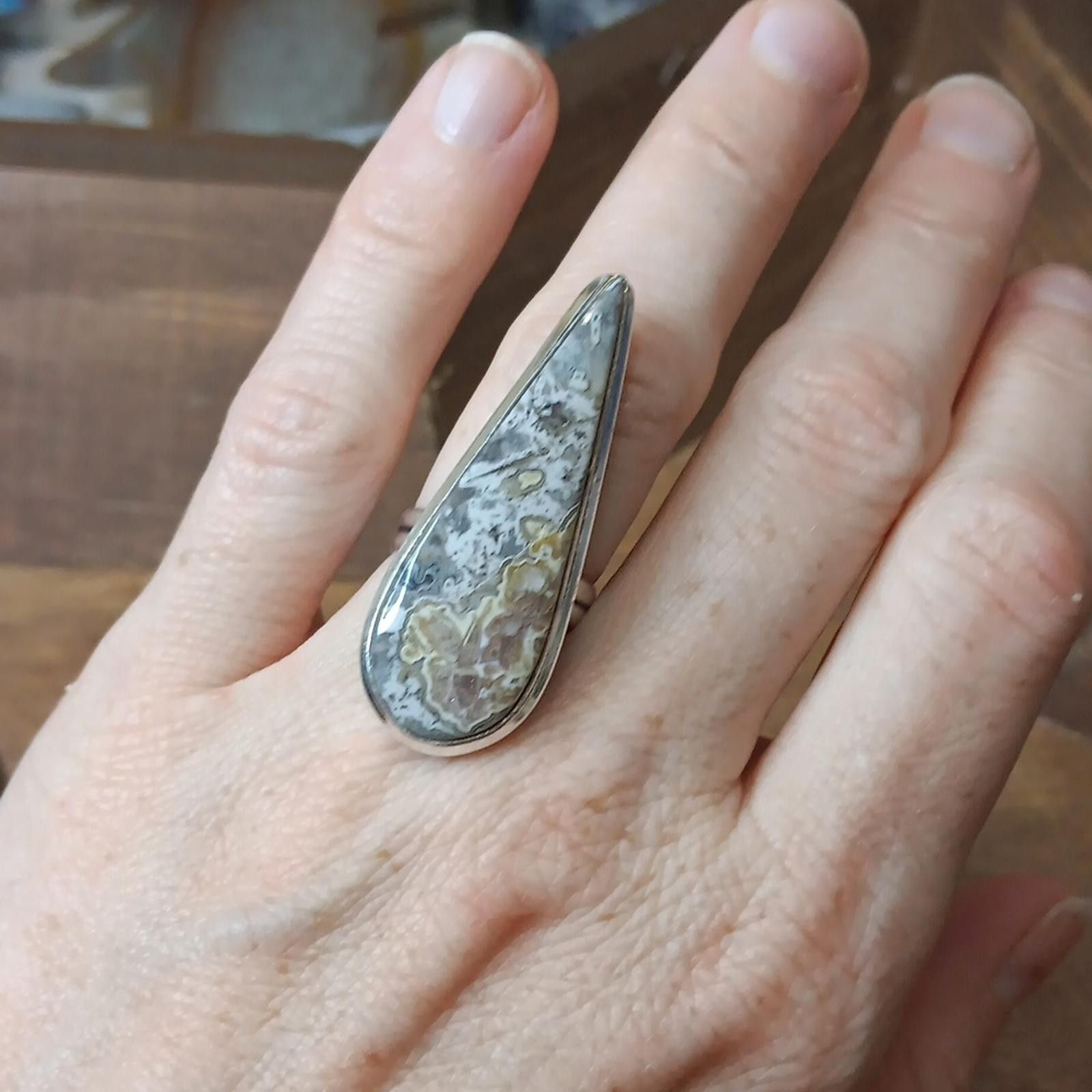 Designer Elegant Teardrop Mexican Lace Agate Stone Ring Size ONE SIZE - 3 Thumbnail