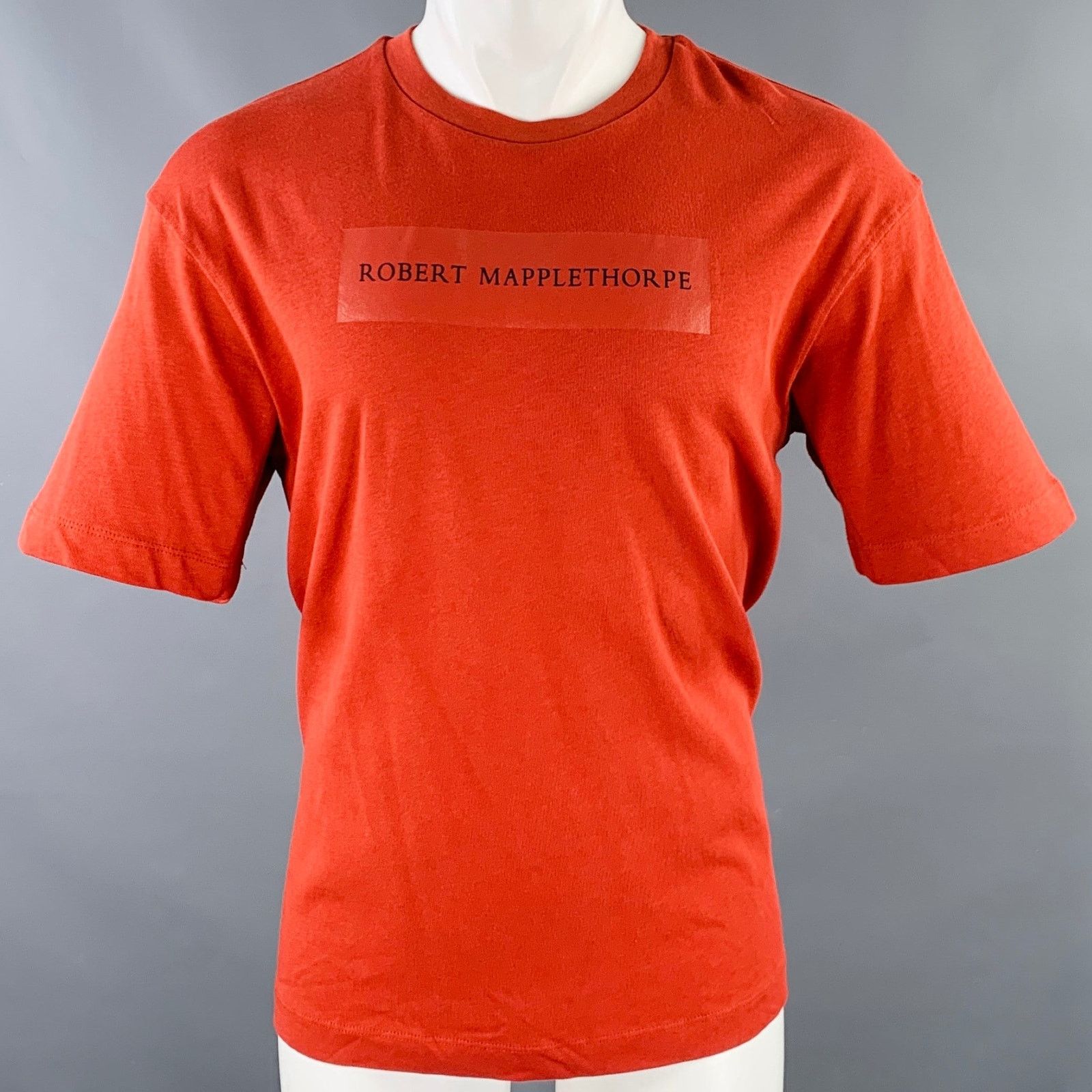 Size M Red Orange Print Cotton Crew Neck T-shirt