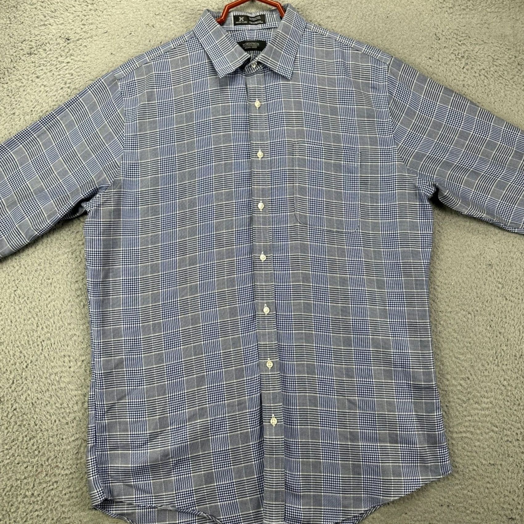 Nordstrom Nordstrom Shirt Dress Mens 16.5 36-37 Blue Gray Houndstooth Trim Fit Pocket Button-Up Long Sleeve 100% Cotton Size 46R - 3 Thumbnail