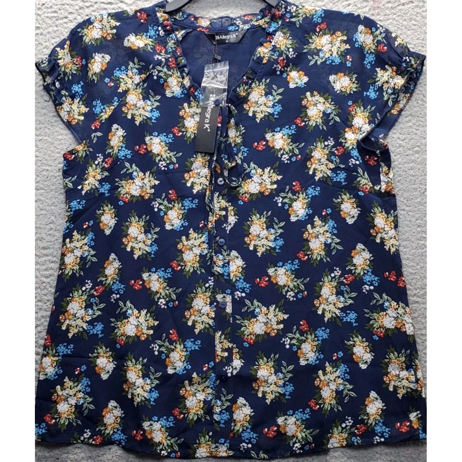 Vintage Allegra K Blouse Top Womens M Multi Floral Sheer Flutter Sleeve Tie Button Front Size M / US 6-8 / IT 42-44 - 2 Thumbnail