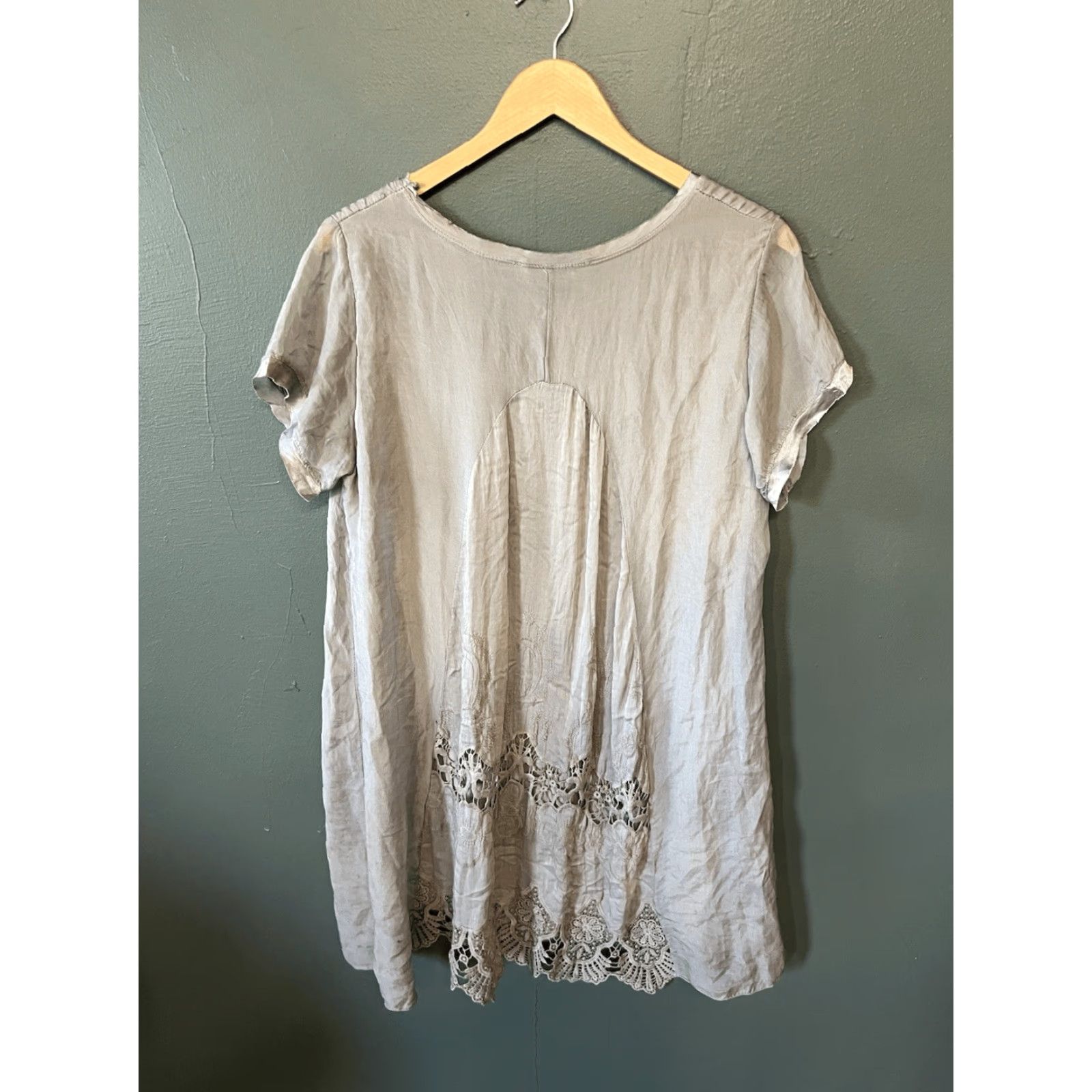 Anthropologie Nicole Shift Shirt Dress Silk Lace Crochet Floral Gray Italy XL? Size S / US 4 / IT 40 - 2 Thumbnail