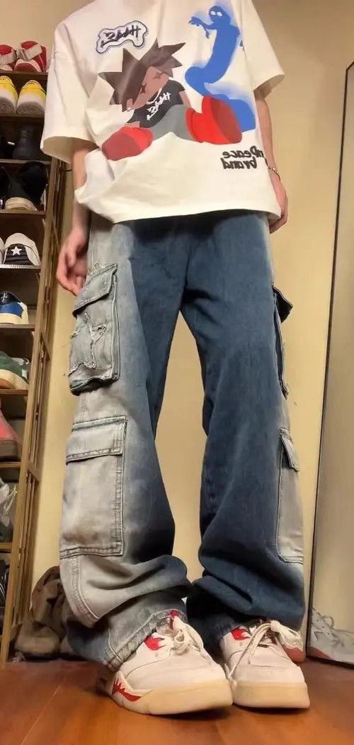 image of High Street Drawstring Multi-Pocket Gradient Work Jeans in Blue, Men's (Size 32)