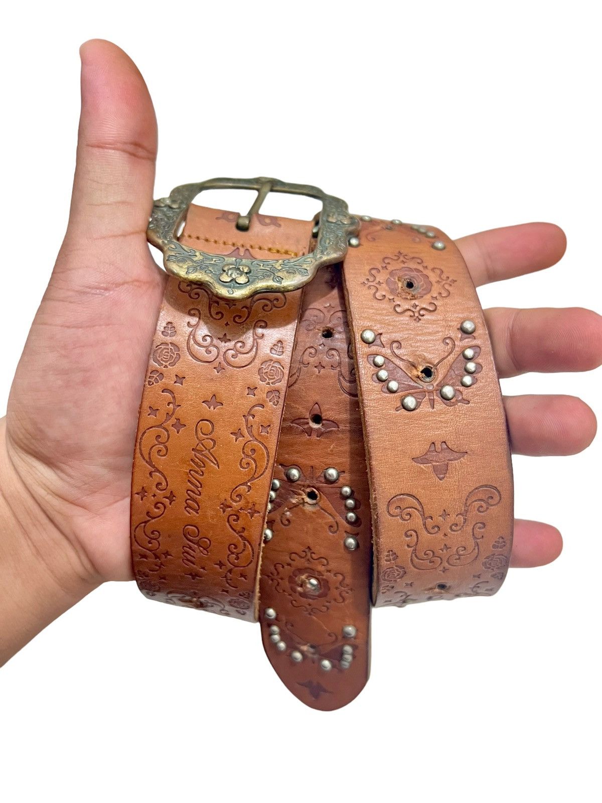 image of Archival Clothing x If Six Was Nine Vintage Anna Sui Butterfly Studed Leather Belt in Brown, Men's